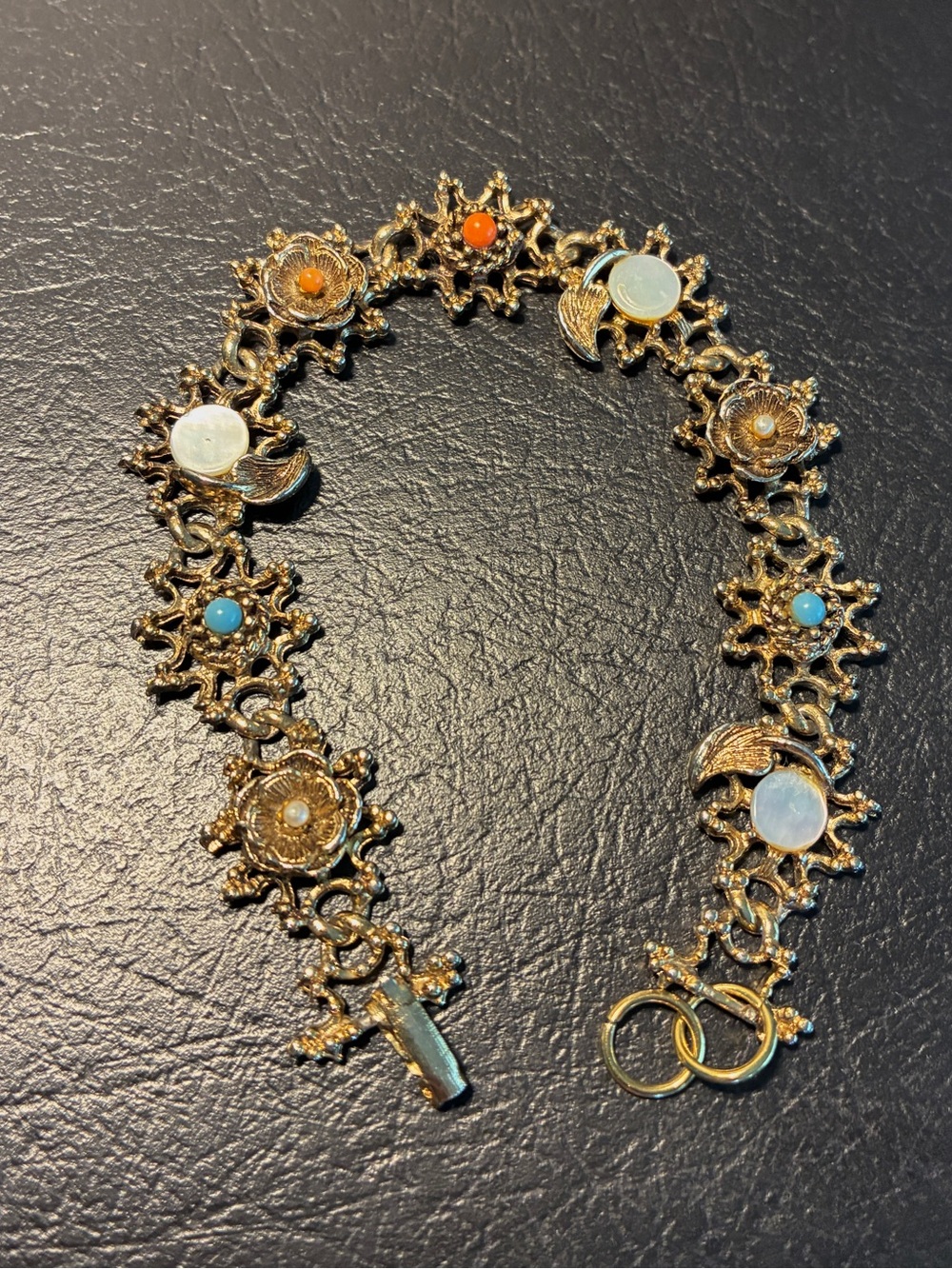 Vintage Gold Ornate Filigree Link Bracelet Mother of Pearl and Stones
